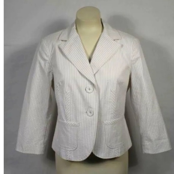 NWOT Sigrid Olsen Aqua & White Seersucker Stripe 3/4 Sleeve 2 Button Blazer | 16 - Picture 2 of 7